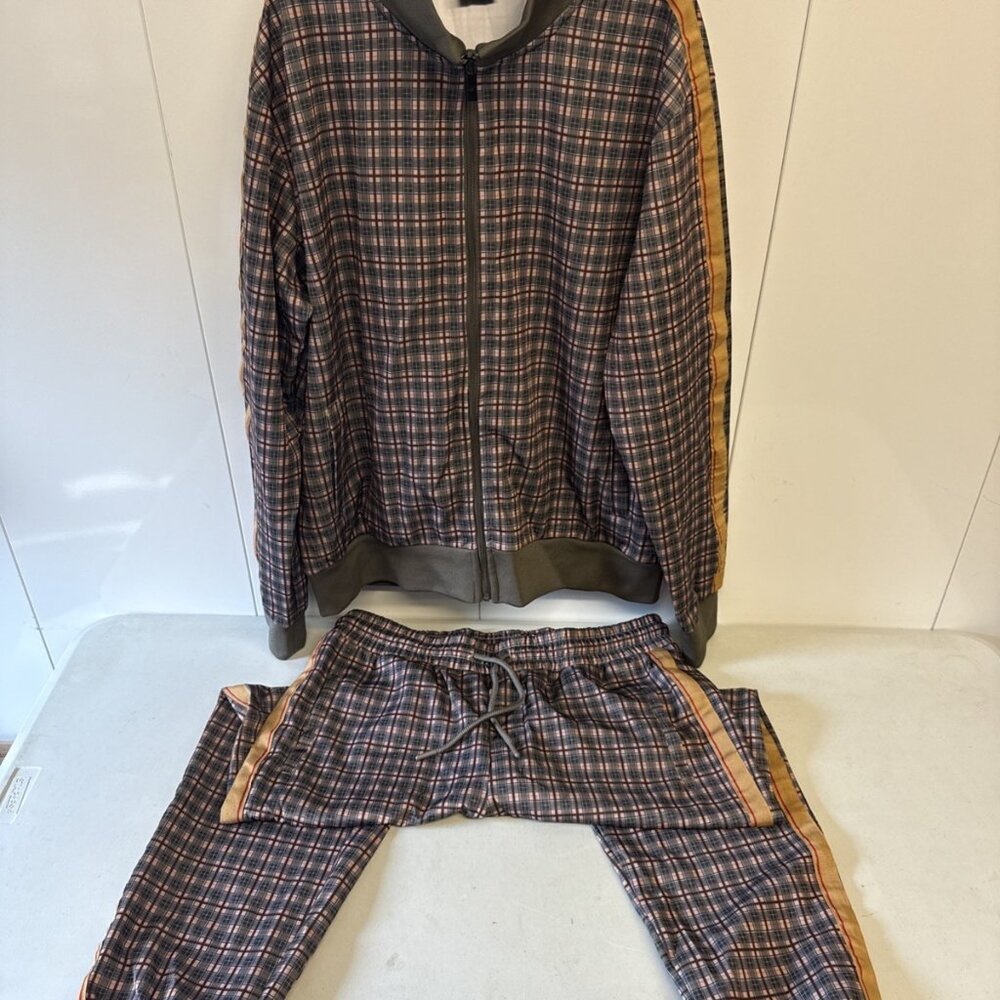 Jian Wang Track Suit Mens 2XL Plaid 2 Piece Set Jacket Pants New Without Tag(F35